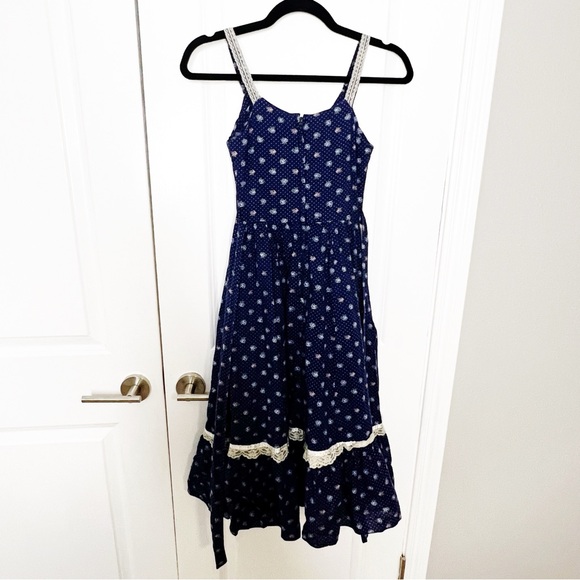 Vintage 70s Gunne Sax Dress Navy Blue dusty floral lace  Size 3 0, 00 cotton - Picture 6 of 10